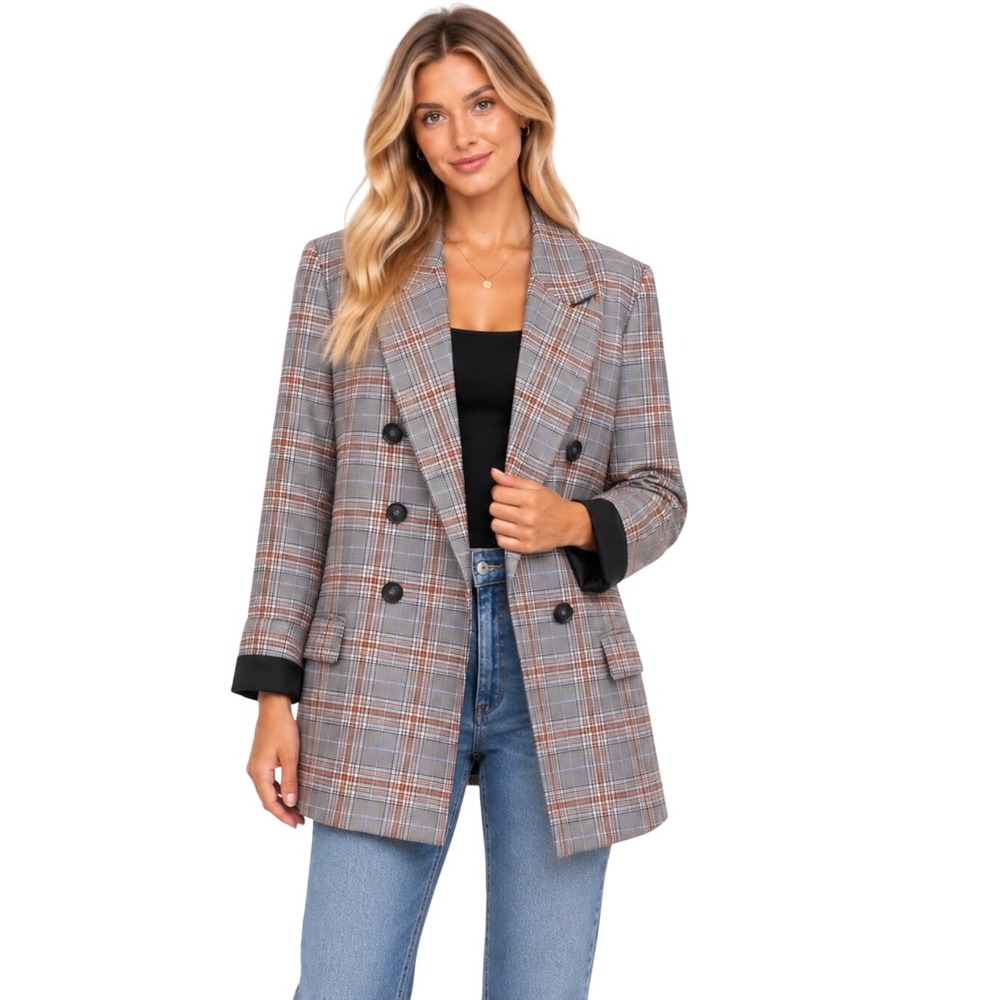 Free People Womens Plaid Double Breasted Blazer Jacket Grey Orange Small